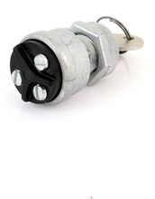 Load image into Gallery viewer, A heavy-duty metal electrical lockout switch with a three-pin female socket, a silver hex nut, and a key in a ring.
