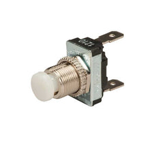 Load image into Gallery viewer, A small industrial toggle switch with a white plastic button, a silver metal threaded post, and a black and silver housing.
