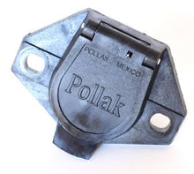 Load image into Gallery viewer, A black 7 contact nylon trailer socket with a spring-loaded cover and the brand name 'POLALK' embossed on the front.
